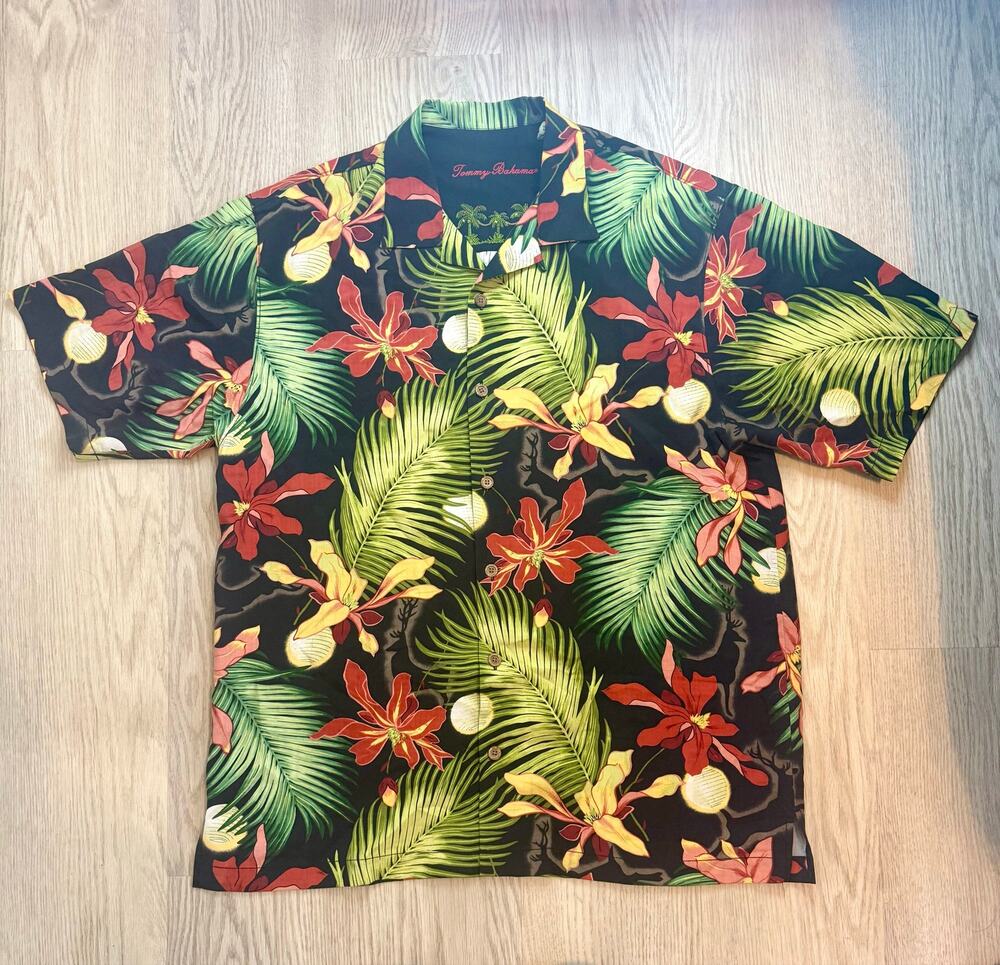 Tommy Bahama Tropical Floral Palm Print Button‑Up Shirt  – Size L